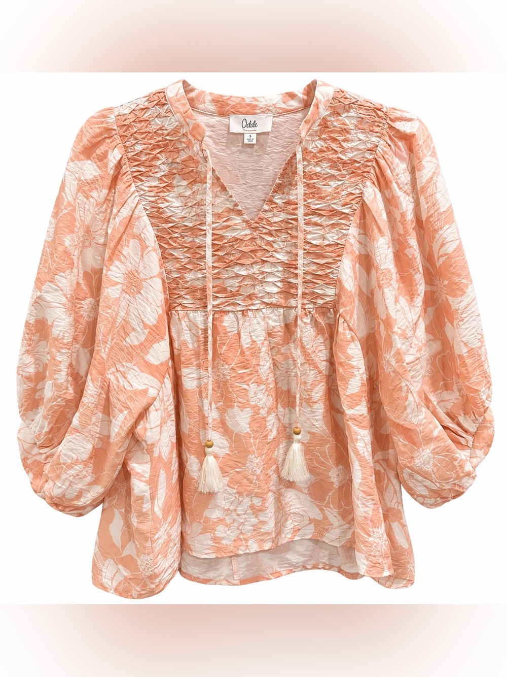 Oddi Peach Floral Smocked Peasant Blouse